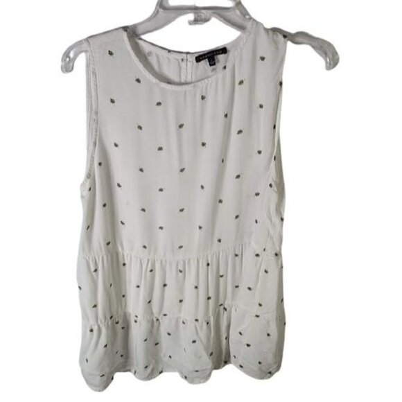 Staccato Tops - Staccato White Leaf Print Round Neck Tiered Hem Sleeveless Top Women's Size L